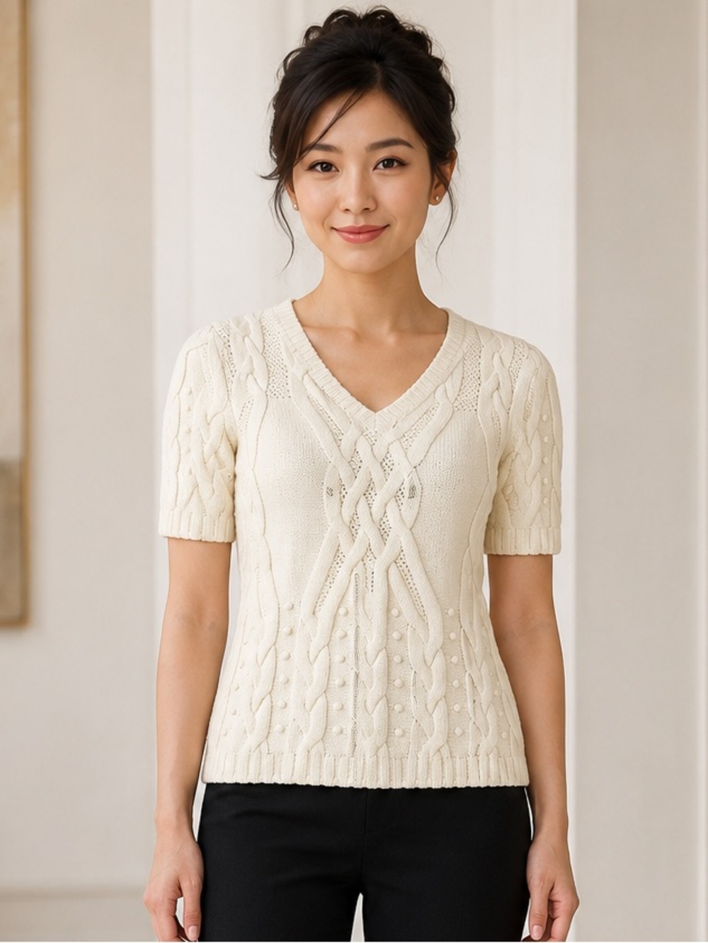 St. John Collection Marie Gray Ivory Cable Knit Sweater Top Size 0